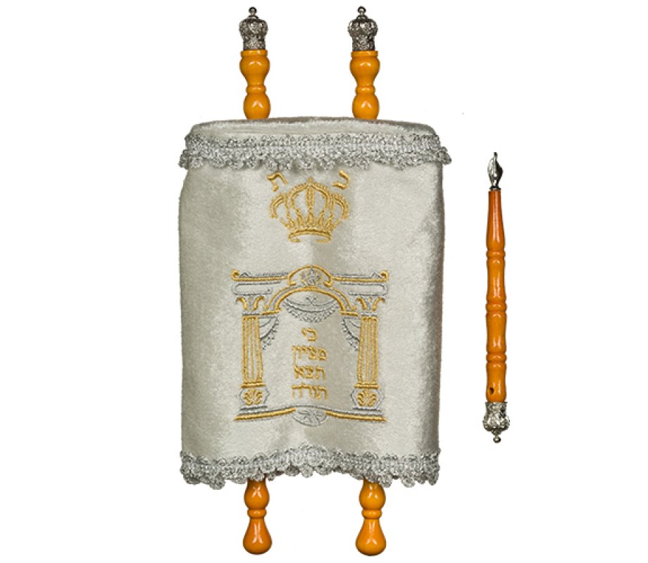 Torah Scroll for Children with Embroidered Velvet Cover & Pointer, White - Small