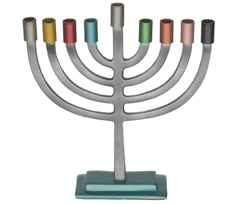 Traditional Chanukah Menorah with Colorful Candle Holders - 7.4 Inches Height