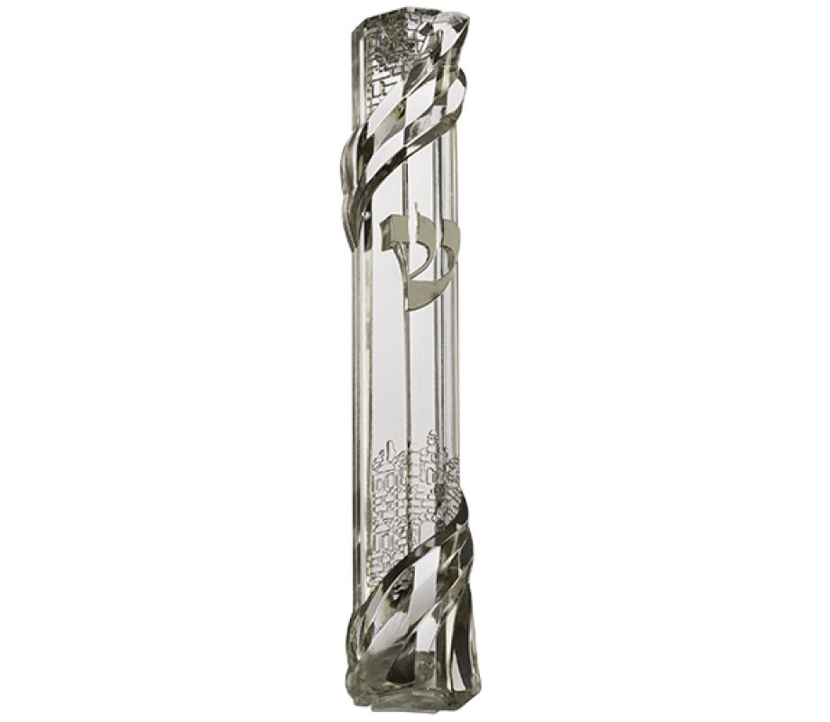 Transparent Plastic Mezuzah Case, Decorative Jerusalem Image - Silver Shin