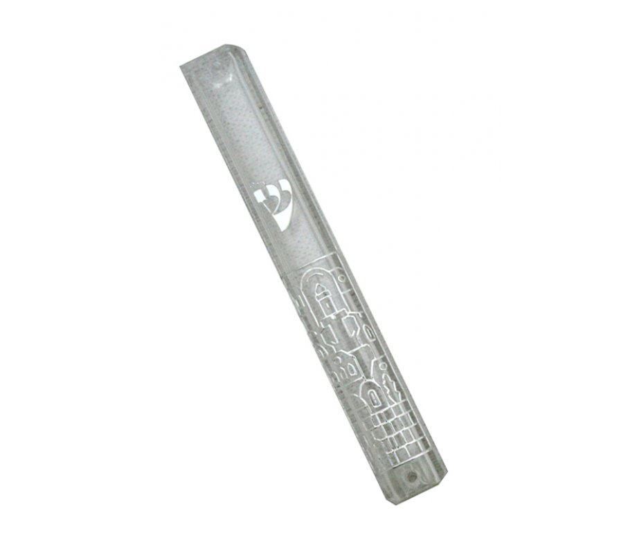 Transparent Plastic Mezuzah Case with Silver Jerusalem Design - Silver Shin