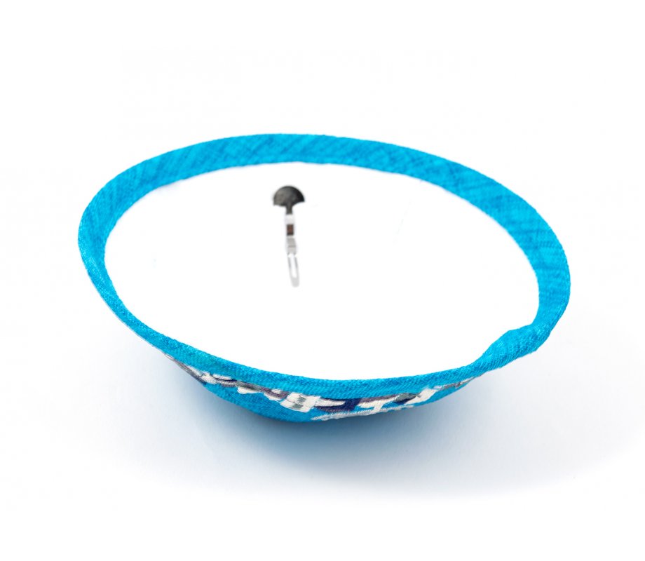Turquoise Cloth Kippah with Attached Clip and Embroidered Jerusalem Design