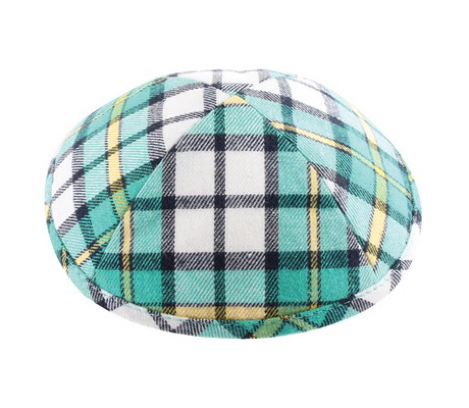 Turquoise, Yellow and White Cotton Fabric Kippah - Checkered Design