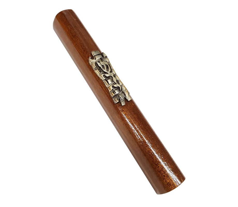 Two Tone Brown Wood Mezuzah Case - Bronze Pewter Western Wall with Divine Name
