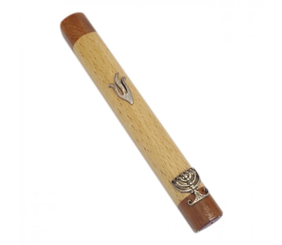 Two Tone Brown Wood Mezuzah Case with Shin and Menorah in Bronze Pewter