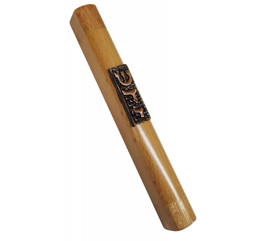 Two Tone Light Brown Wood Mezuzah Case, Divine Name Overlaid on Bronze Pewter