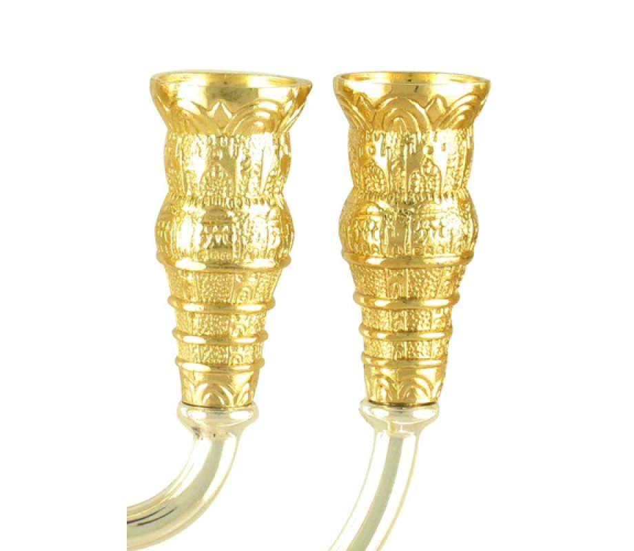 Two Tone Silver and Gold 7-Branch Menorah, Jerusalem Images – 8.6” Height