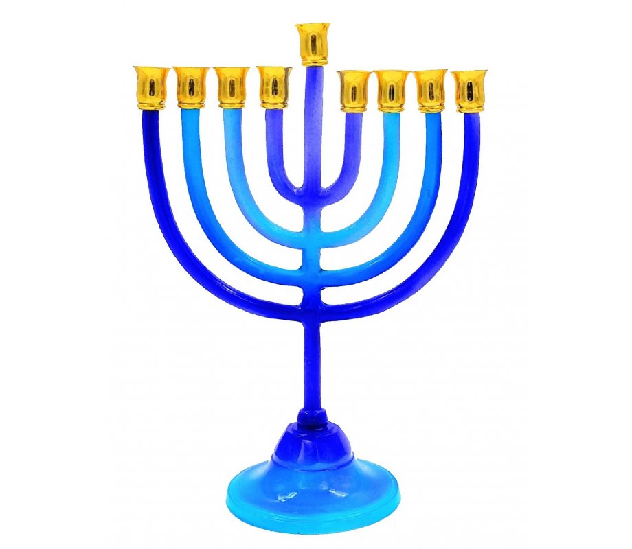 Various Shades of Blue Chanukah Menorah on Stem, Aluminum - For Candles