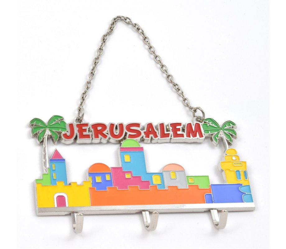 Wall Key Hanger with Chain, Jerusalem Landscape - Colorful Pastels