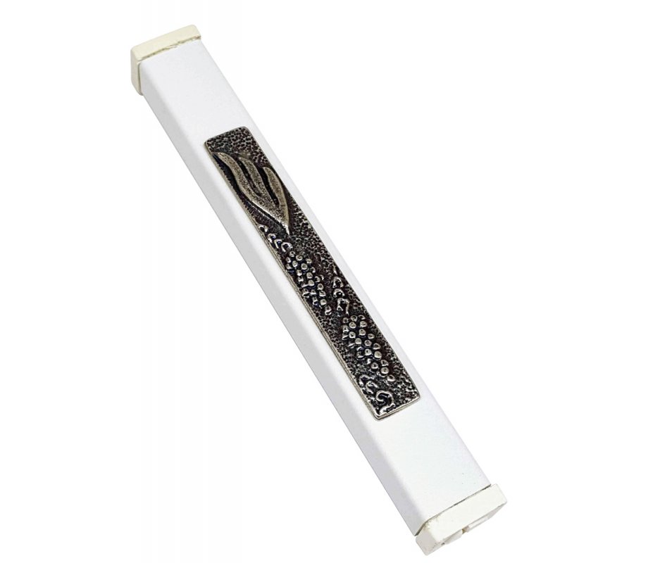 White Aluminum Mezuzah Case Elongated Shin - Grape Clusters