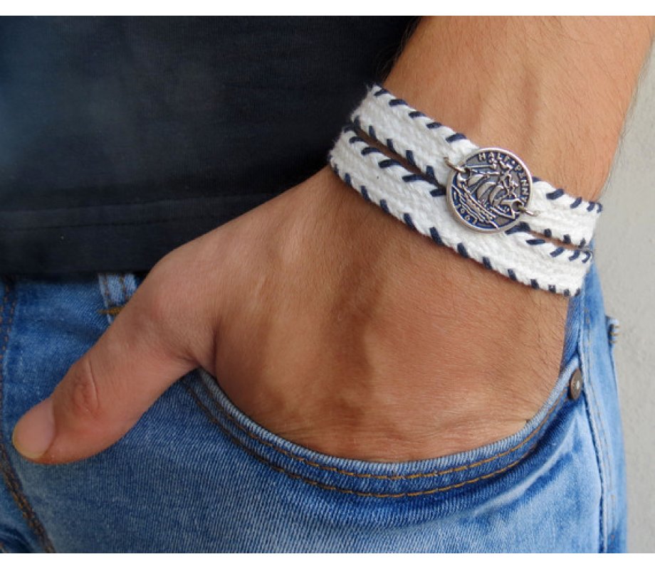White Cord Bracelet for Men with Coin Element - Only 1 In Stock