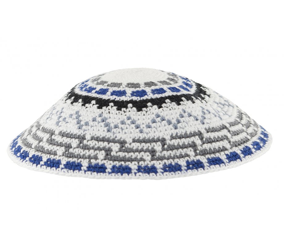 White DMC Knitted Kippah with Green-Gray, Blue and White Geometric Design