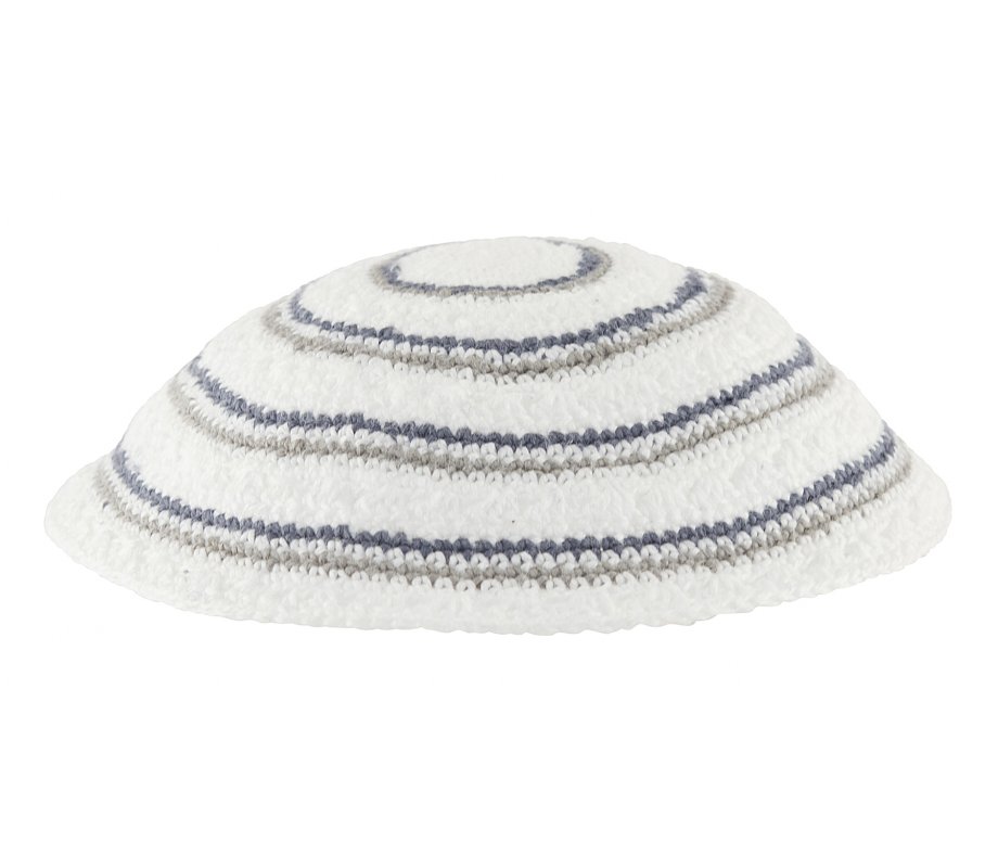 White DMC Knitted Kippah with Narrow Gray and Blue Circular Stripes