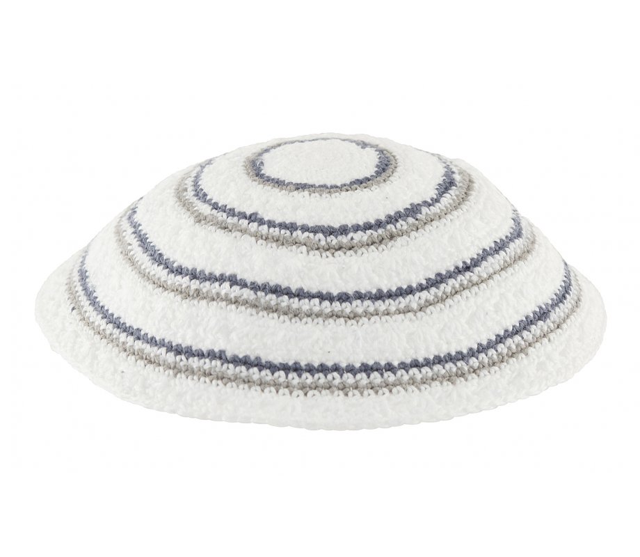 White DMC Knitted Kippah with Narrow Gray and Blue Circular Stripes