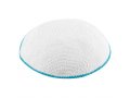 White DMC Knitted Kippah with Thin Light Blue Border Stripe - Various Sizes