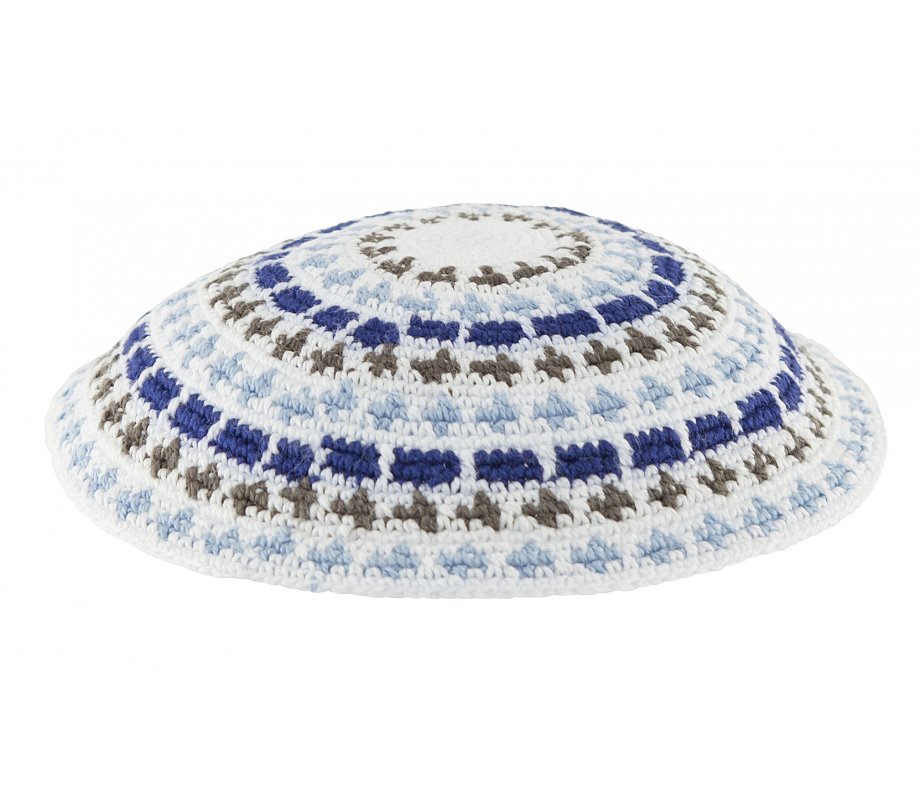 White DMC knitted kippah with Olive, Blue and White Stripes