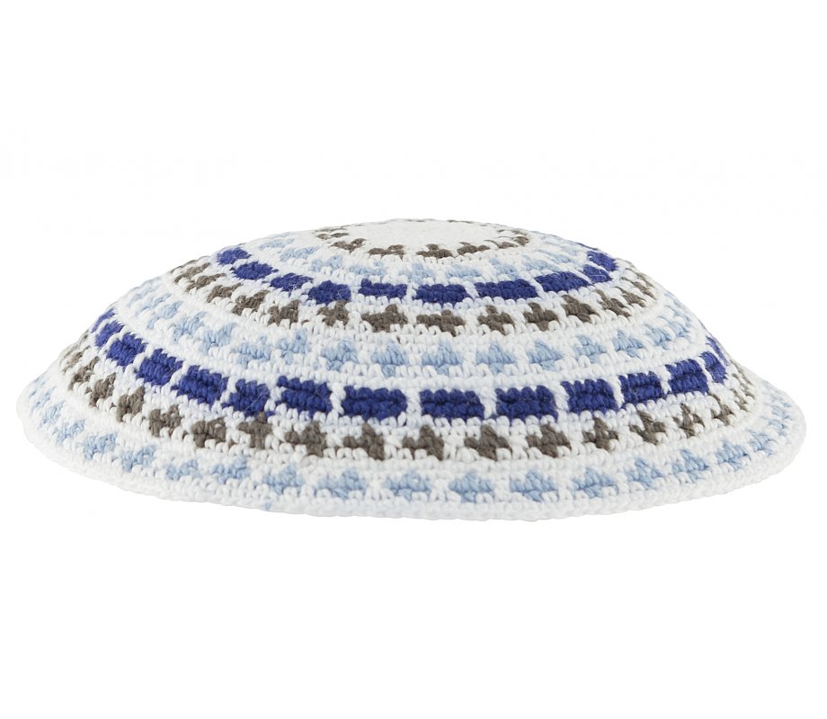 White DMC knitted kippah with Olive, Blue and White Stripes