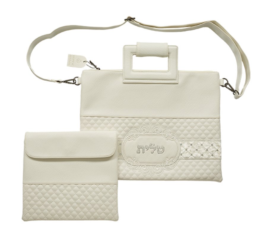 White Faux Leather Tallit and Tefillin Bag Set, Diamond Design - Shoulder Strap