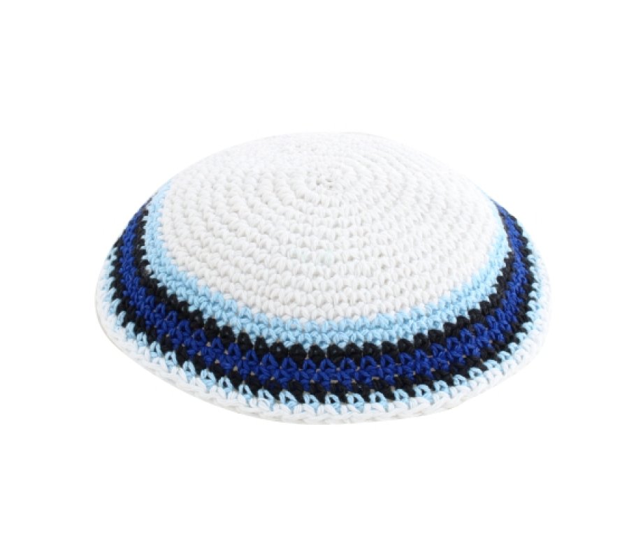 White Knitted Kippah with Blue and Light Blue Border Stripes