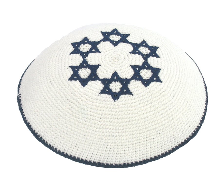 White Knitted Kippah with Dark Blue Stars of David