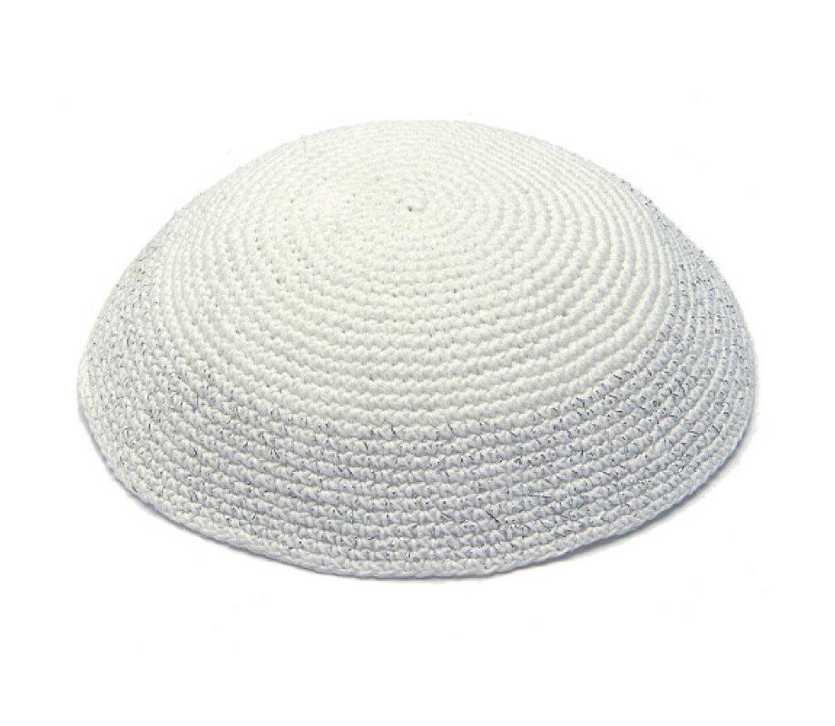 White Knitted Kippah with Elegant Silver Border