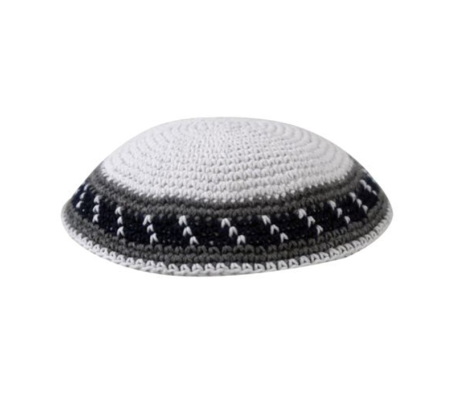 White Knitted Kippah with Gray and Black Border