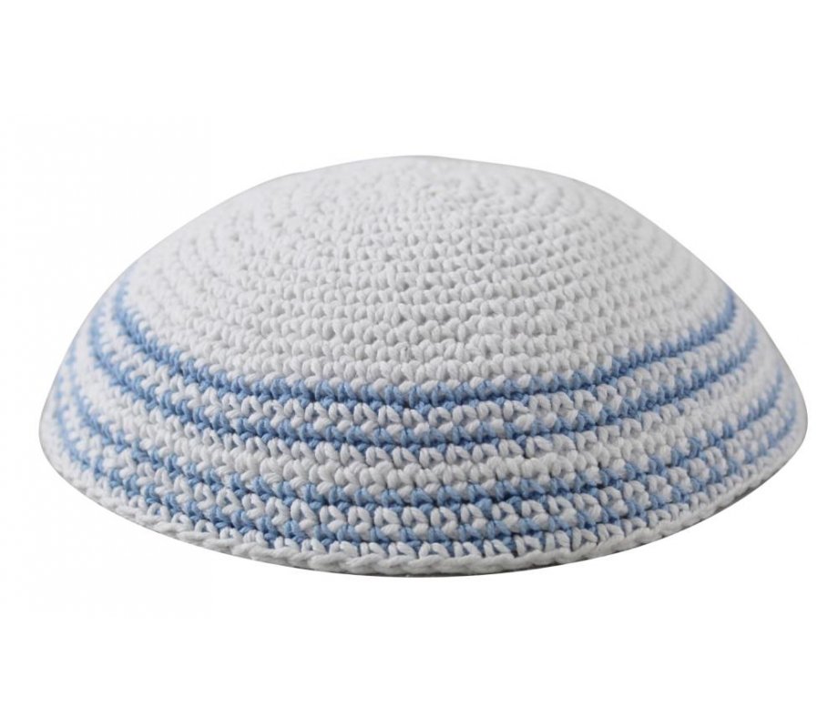 White Knitted Kippah with Light Blue Stripes Around the Edge - Choice of Sizes