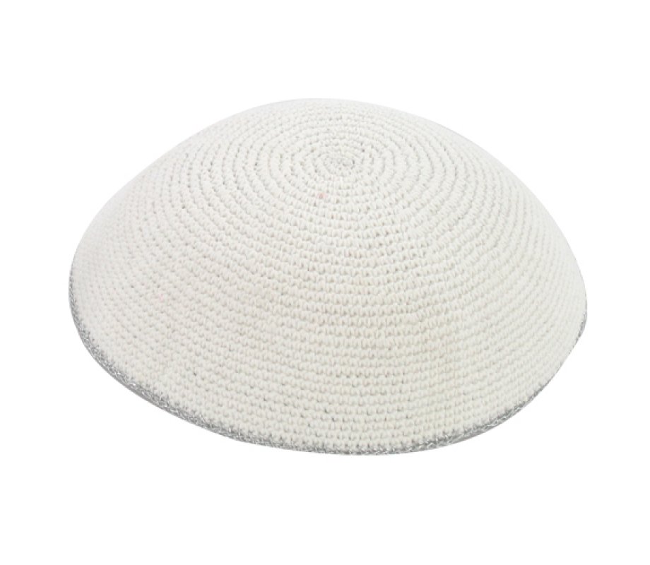 White Knitted Kippah with Silver Border Stripe