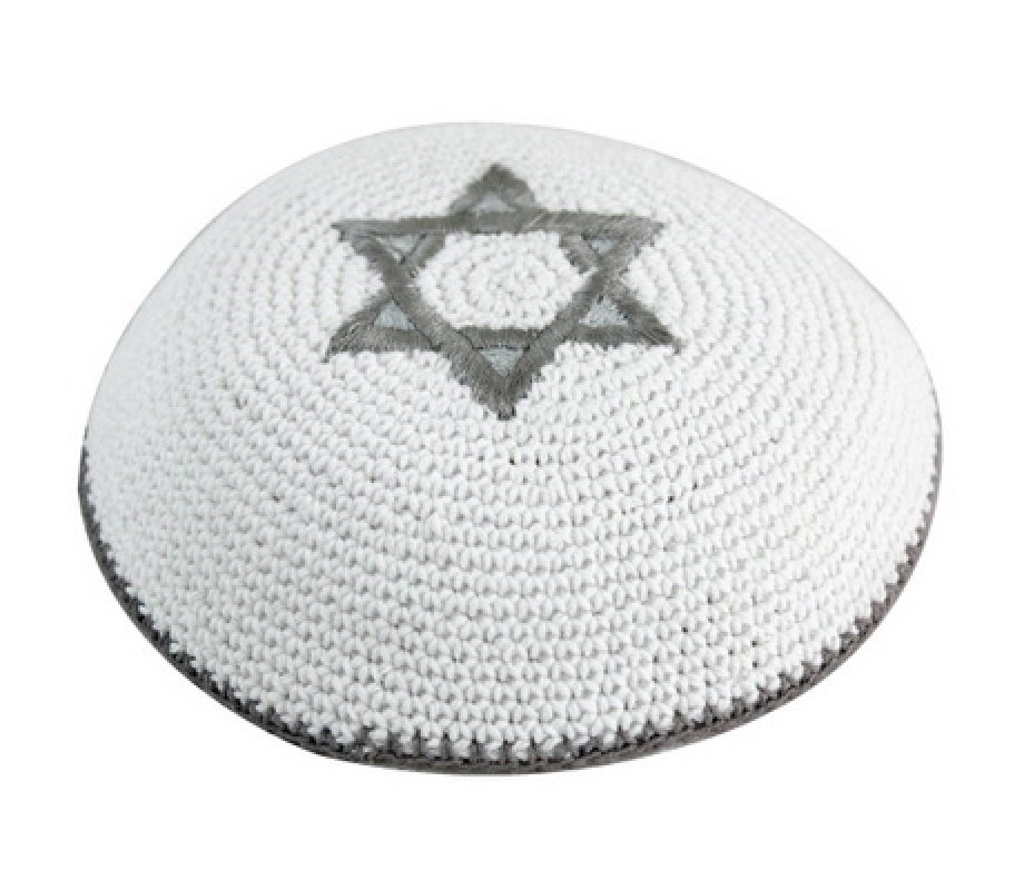 White Knitted Kippah with Silver Star of David