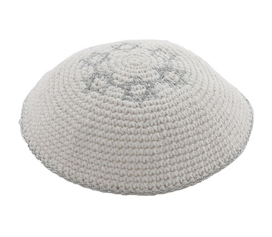 White Knitted Kippah with Silver Stars of David