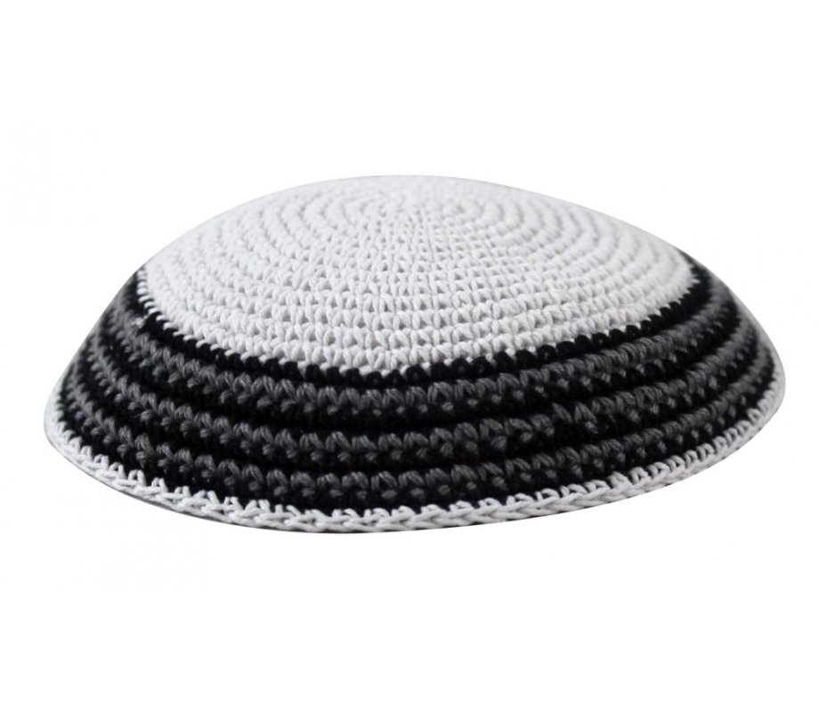White Knitted Kippah with Thin White and Gray Border Stripes
