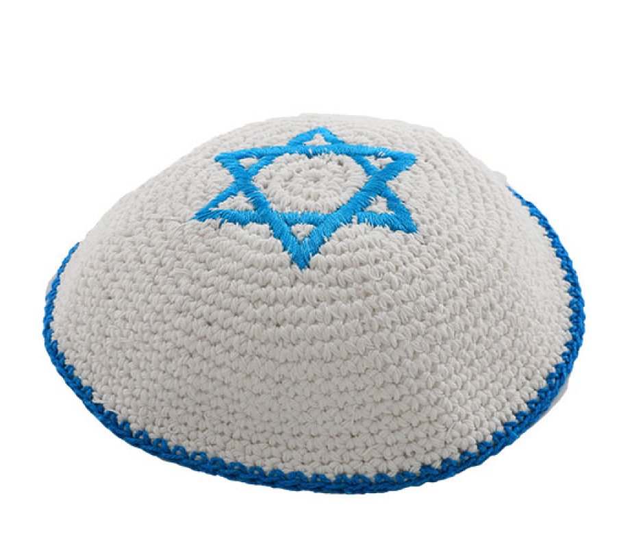 White Knitted Kippah with center Blue Magen David