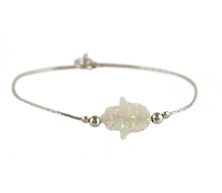 White Opal Hamsa Silver Bracelet