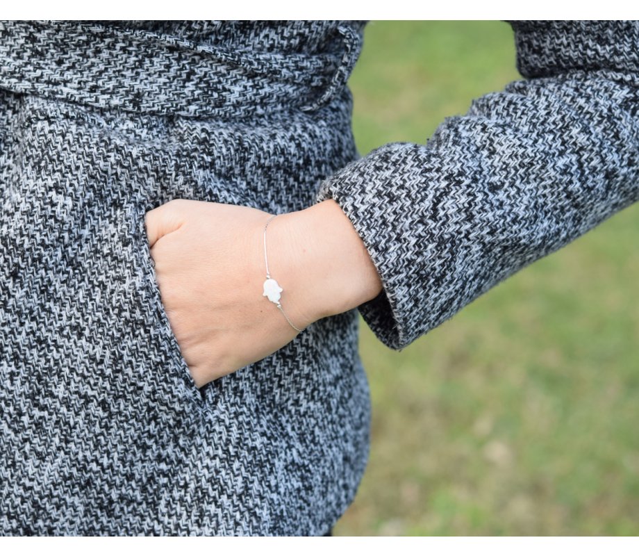 White Opal Hamsa Silver Bracelet