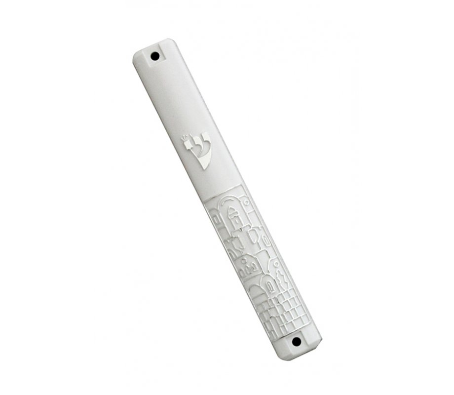 White Plastic Mezuzah Case with Silver Jerusalem Design - Silver Shin
