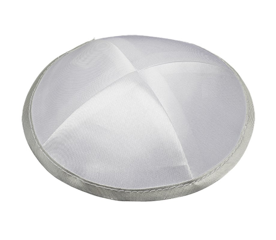 White Satin Four Panel Kippah with Silver Border Ribbon