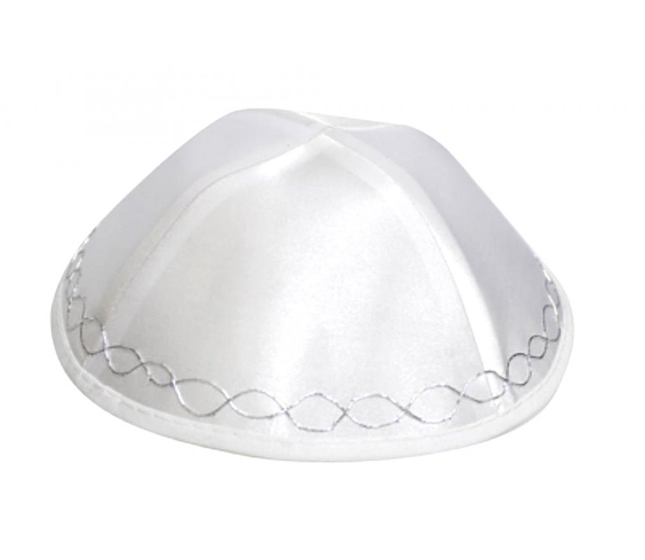 White Satin Kippah Decorated with silver border