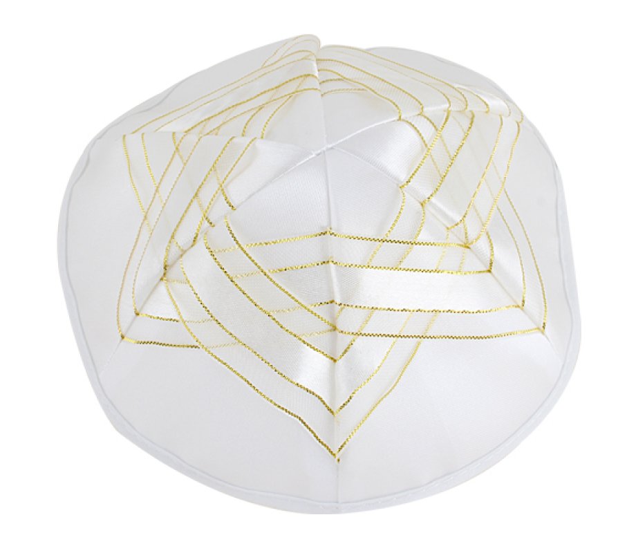 White Satin Kippah Gold Star of David Design