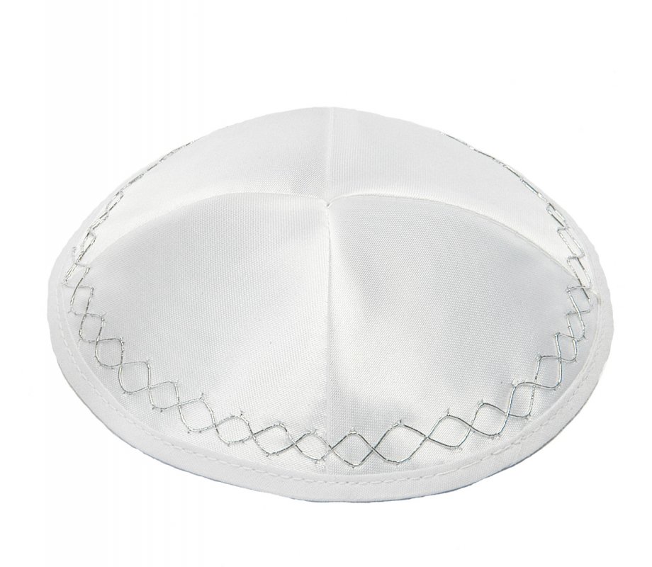White Satin Kippah With Silver Geometric Border Design