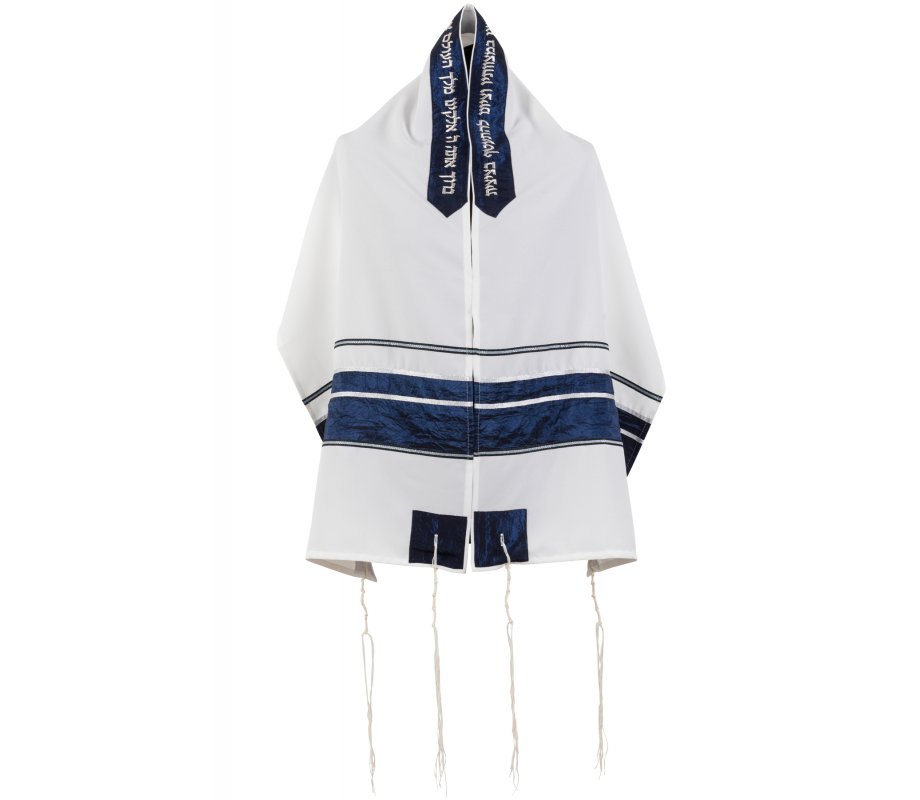 White Tallit with Blue Crinkled Stripe Set by Ronit Gur