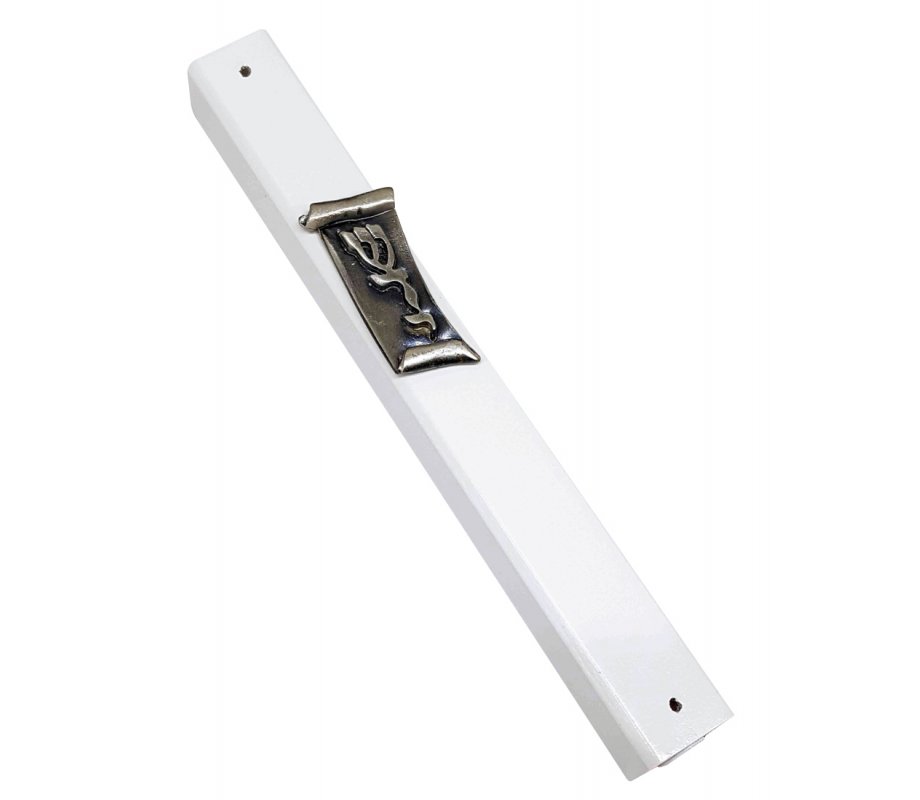 White Wood Mezuzah Case with Divine Name on Scroll Shaped Pewter Plaque