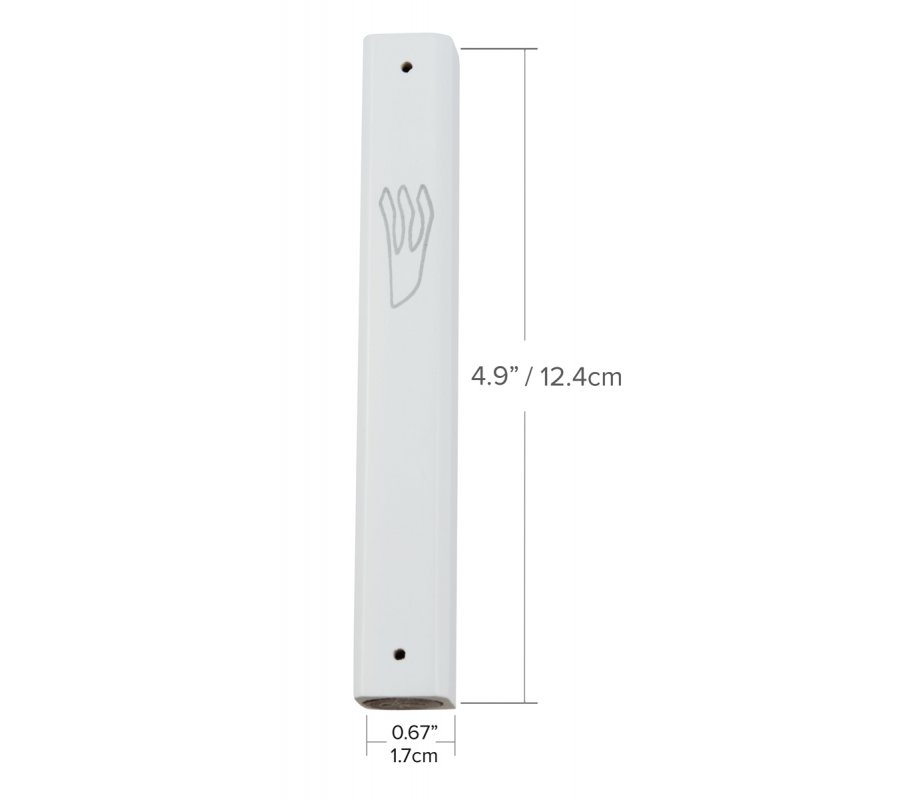 White Wood Mezuzah Case with Silver Shin Outline