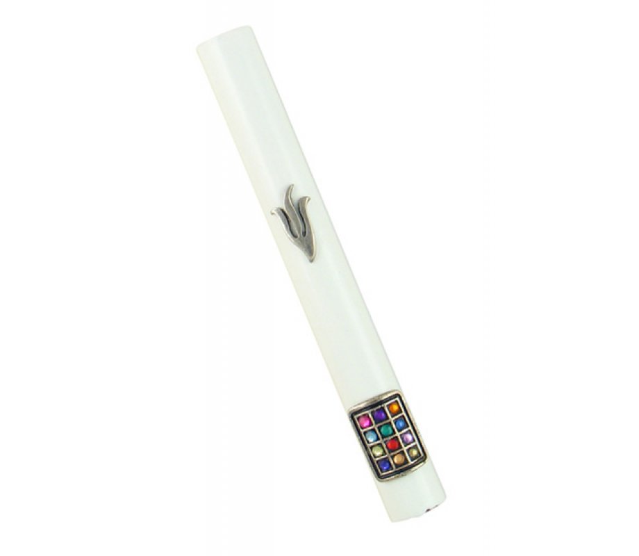 White Wood Rounded Mezuzah Case with Silver Pewter Shin and Colored Breastplate