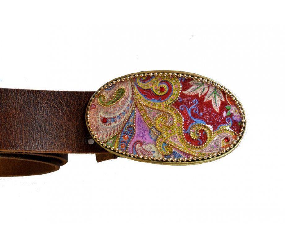 Woman's Belt with Colorful Paisley Design Buckle by Iris Design