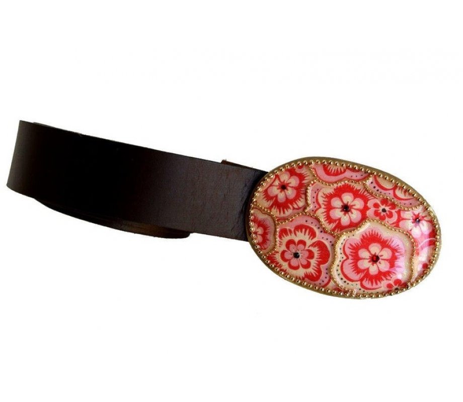 Woman's Belt with Oval Pink Flower Design Buckle by Iris Design