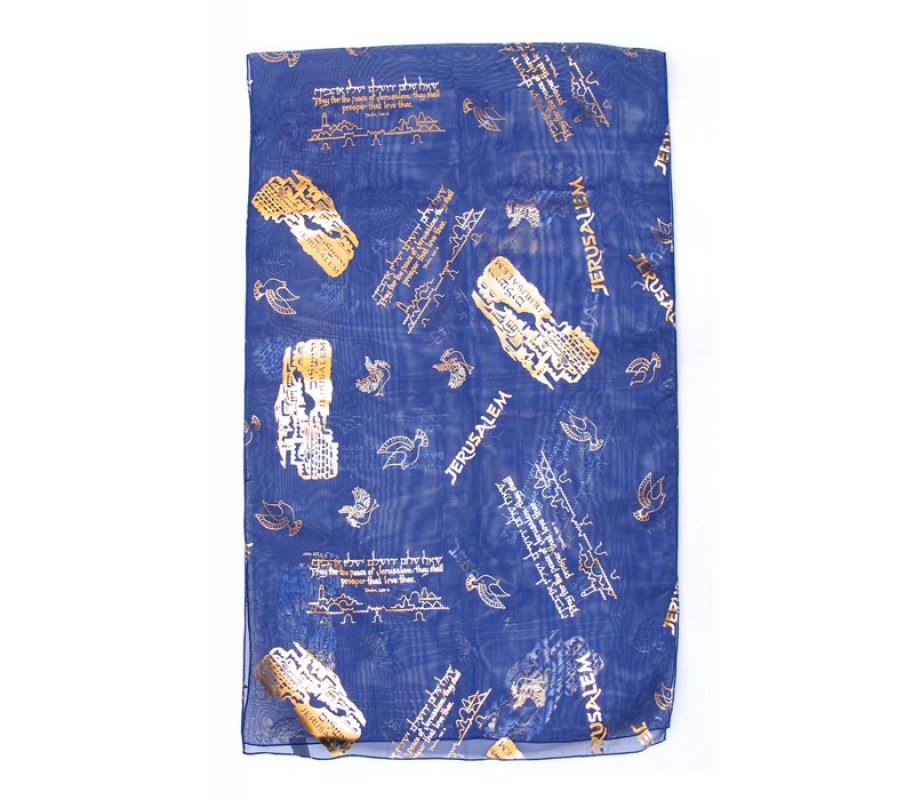 Womans Head Scarf Gold Jerusalem Images with Dove, Lion & Psalm Verse – Blue