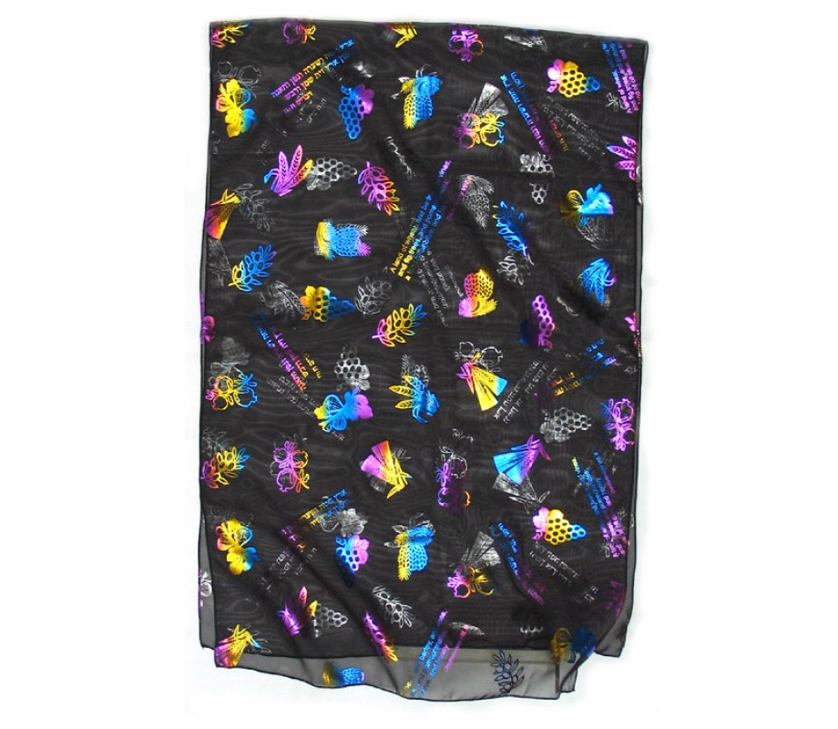 Womans Head Scarf, Seven Species Images and Biblical Verse - Rich Black