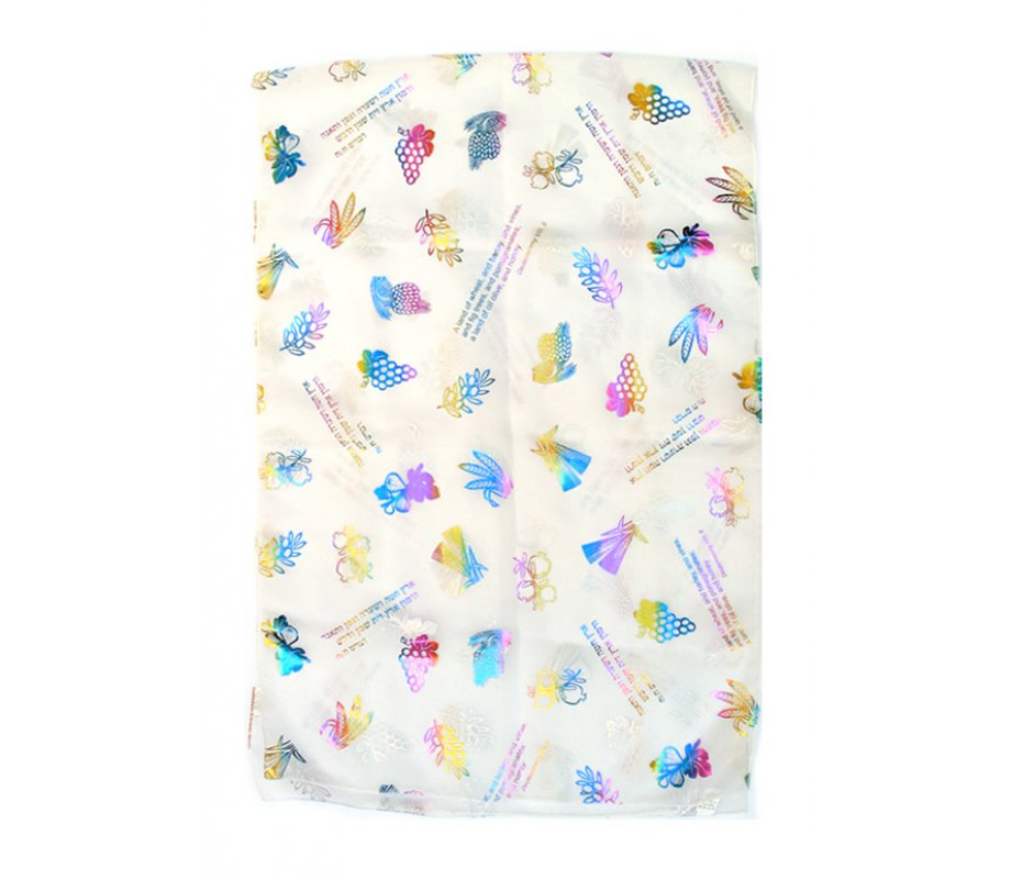 Womans Head Scarf, Seven Species Images and Biblical Verse – White