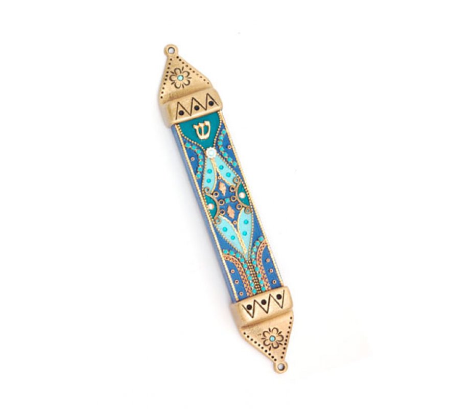 Wood & Pewter Mezuzah Blue and Green by Ester Shahaf