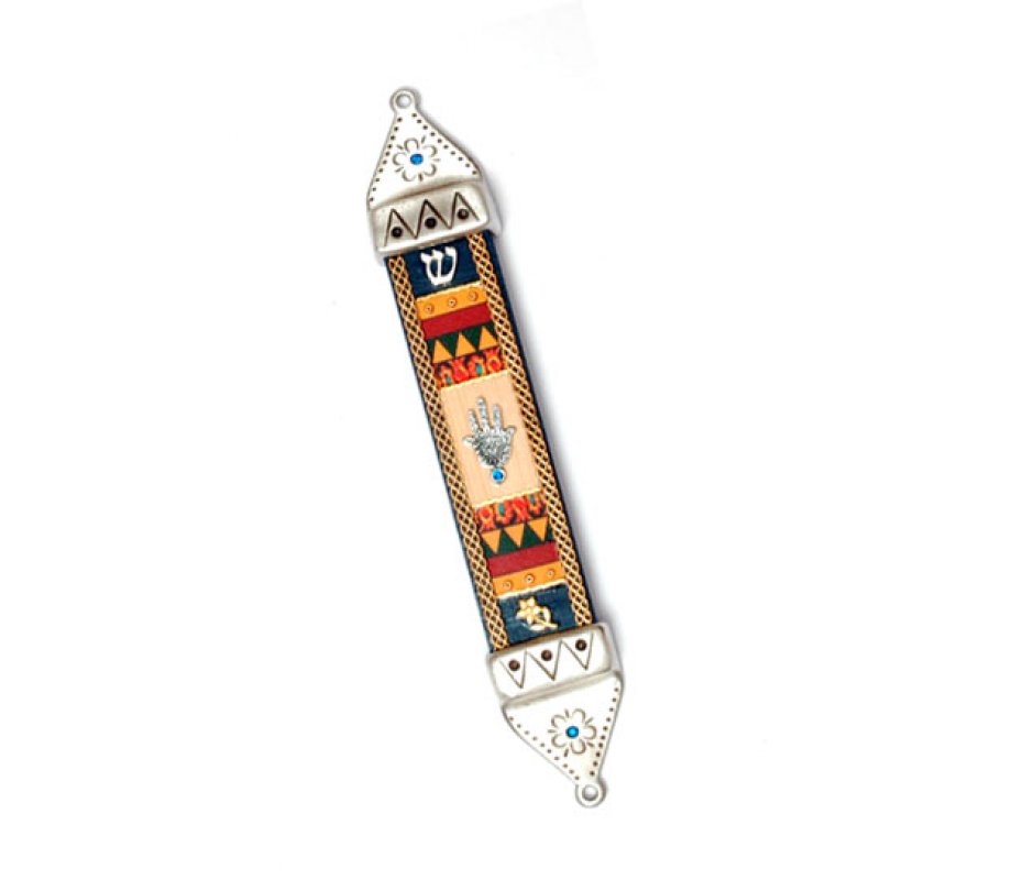 Wood & Pewter Mezuzah Hamsa by Ester Shahaf