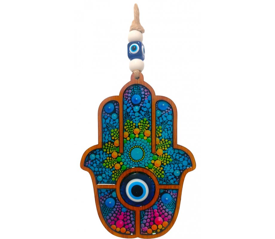 Wood Hamsa Wall Hanging for Protection from Evil Eye - Colorful Pop Art Design